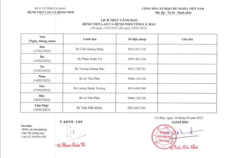 Lịch trực Lãnh đạo – Từ ngày 13/02/2023 đến ngày 19/02/2023