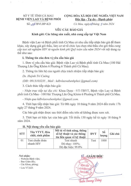 Yêu cầu báo giá – Cung cấp test xét nghiệm HIV từ nguồn kinh phí Quỹ toàn cầu năm 2024