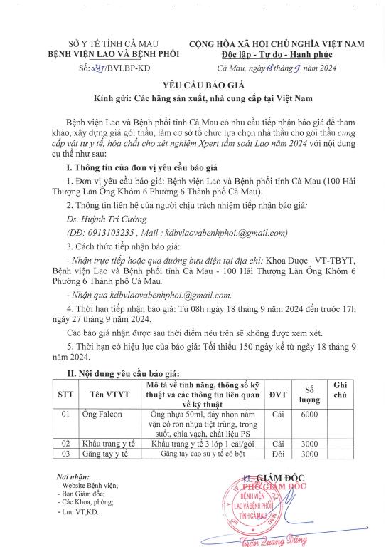 Yêu cầu báo giá – Cung cấp vật tư y tế, hoá chất cho xét nghiệm Xpert tấm soát Lao năm 2024