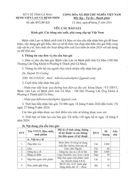 Yêu cầu báo giá – Cung cấp vật tư y tế, hoá chất cho hoạt động tầm soát Lao tiềm ấn năm 2024