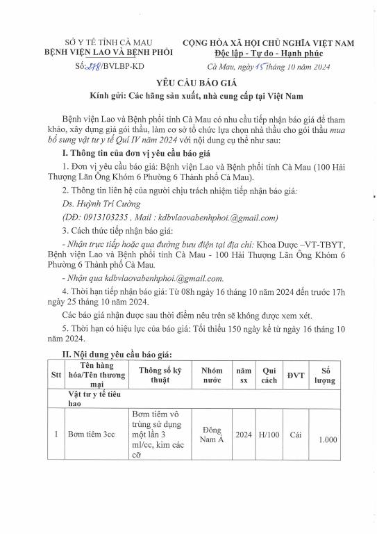 Yêu cầu báo giá – Mua bổ sung vật tư y tế Quí IV năm 2024