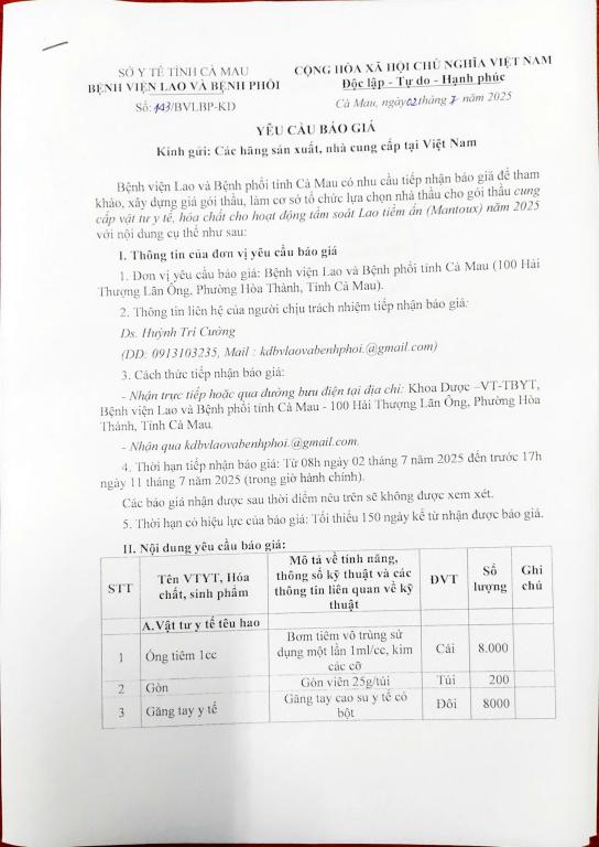 Yêu cầu báo giá – Cung cấp vật tư y tế, hoá chất cho hoạt động tầm soát Lao tiềm ấn (Mantoux) năm 2025