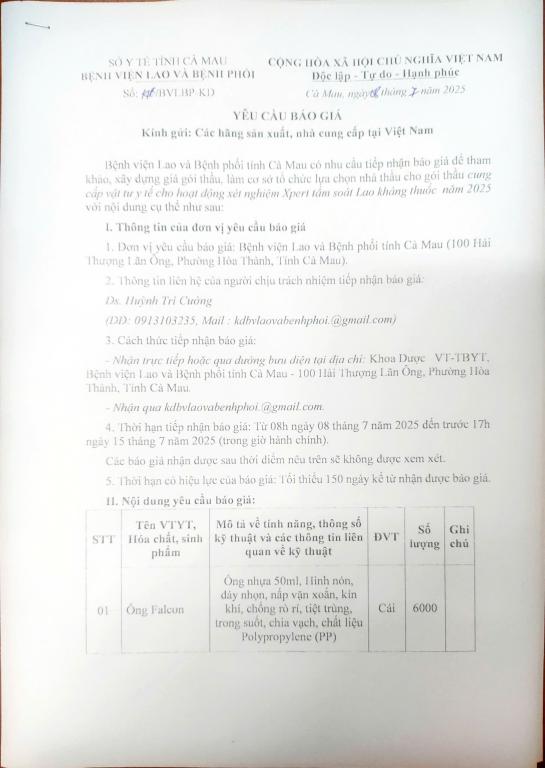 Yêu cầu báo giá – Cung cấp vật tư y tế cho hoạt động xét nghiệm Xpert tầm soát Lao kháng thuốc năm 2025