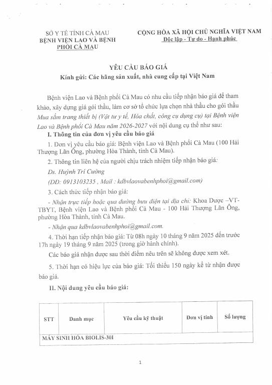 Yêu cầu báo giá – Hoá chất