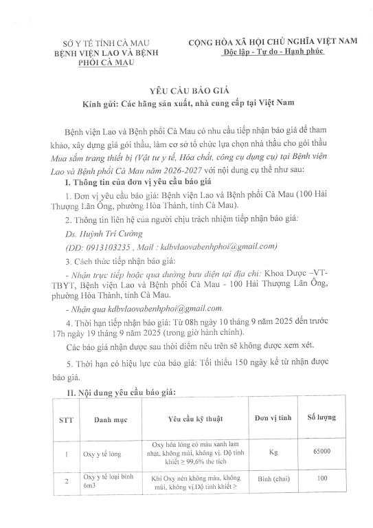Yêu cầu báo giá – Khí Y tế