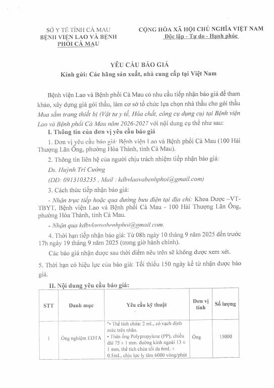 Yêu cầu báo giá – Vật tư xét nghiệm – Test nhanh