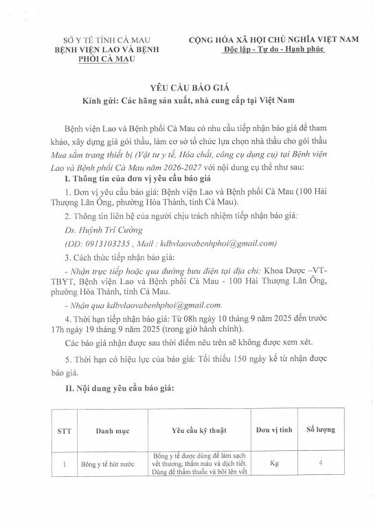 Yêu cầu báo giá – Vật tư Y tế