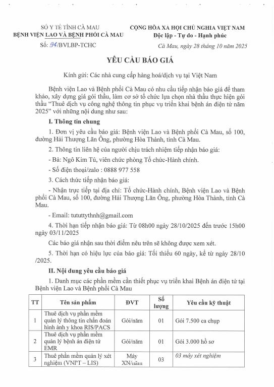 Yêu cầu báo giá – “Thuê dịch vụ công nghệ thông tin phục vụ triển khai bệnh án điện tử năm 2025″