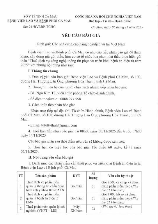 Yêu cầu báo giá – “Thuê dịch vụ công nghệ thông tin phục vụ triển khai bệnh án điện tử năm 2025”