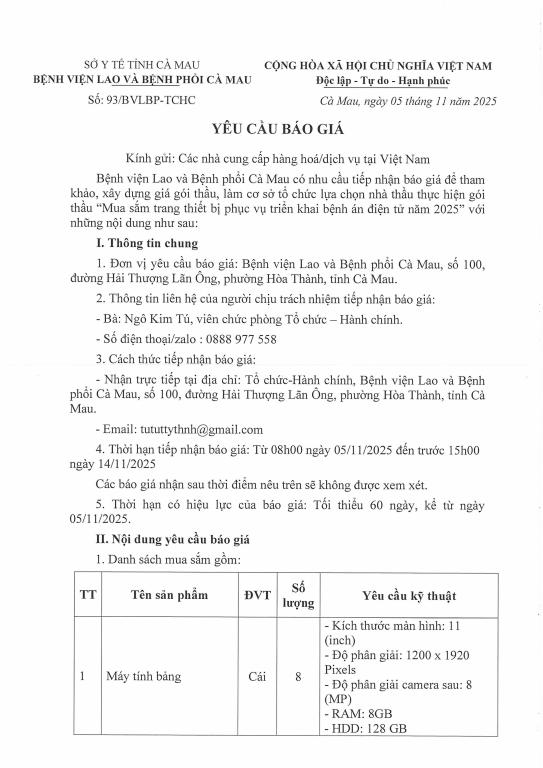 Yêu cầu báo giá – “Mua sắm trang thiết bị phục vụ triển khai bệnh án điện tử năm 2025”