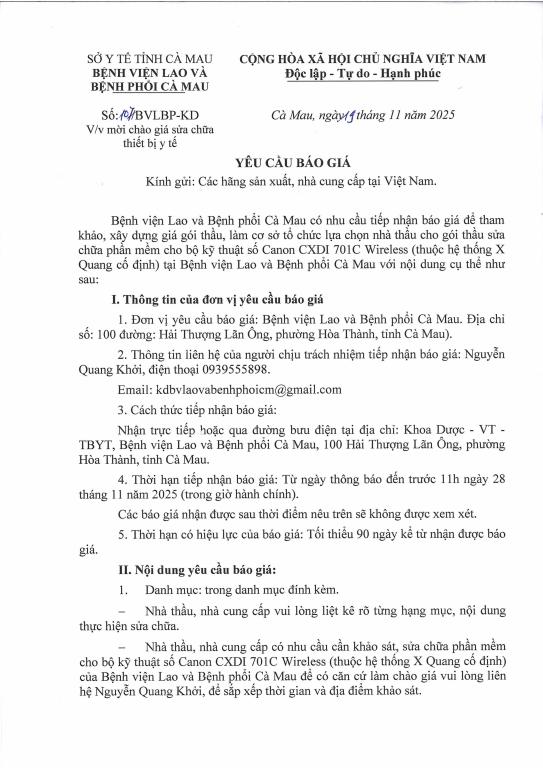 Yêu cầu báo giá – Mời chào giá sửa chữa thiết bị y tế