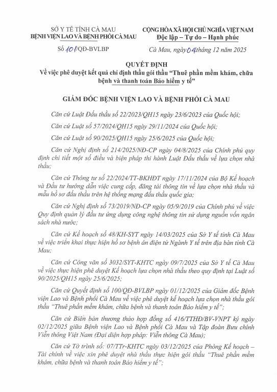 QUYẾT ĐỊNH – Phê duyệt kết quả chỉ định thầu gói thầu “Thuê phần mềm khám, chữa bệnh và thanh toán Bảo hiểm y tế”