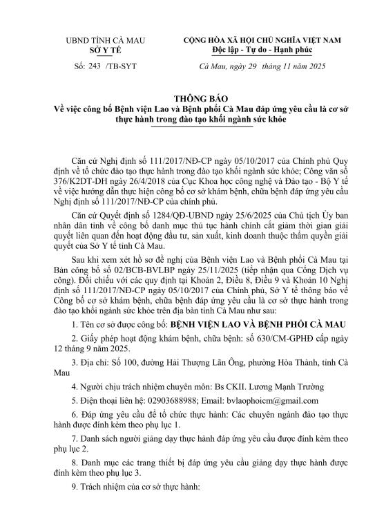 THÔNG BÁO – Về việc công bố Bệnh viện Lao và Bệnh phổi Cà Mau đáp ứng yêu cầu là cơ sở thực hành trong đào tạo khối ngành sức khỏe