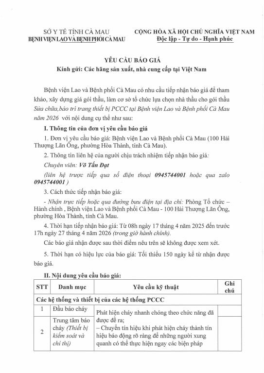 Yêu cầu báo giá – Sửa chữa, bảo trì thiết bị PCCC