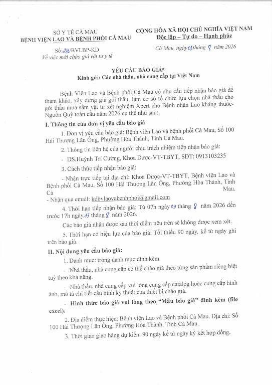 Yêu cầu báo giá – Mua sắm vật tư xét nghiệm Xpert cho Bệnh nhân Lao kháng thuốc – Nguồn Quỹ toàn cầu năm 2026