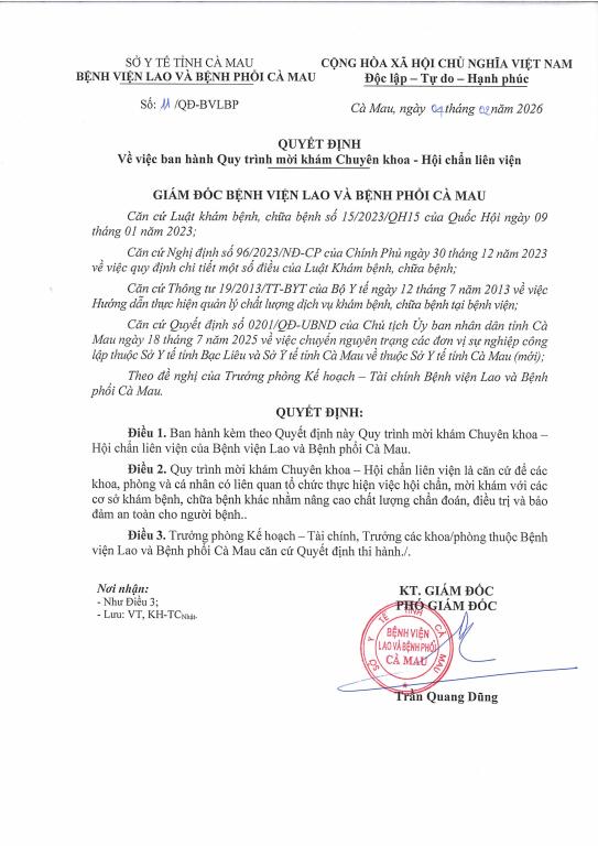 Quyết định về việc ban hành Quy trình mời khám Chuyên khoa – Hội chẫn liên viện