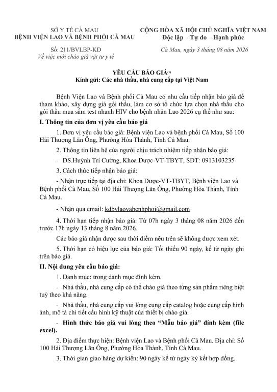 Yêu cầu báo giá – Mua sắm test nhanh HIV cho bệnh nhân Lao 2026