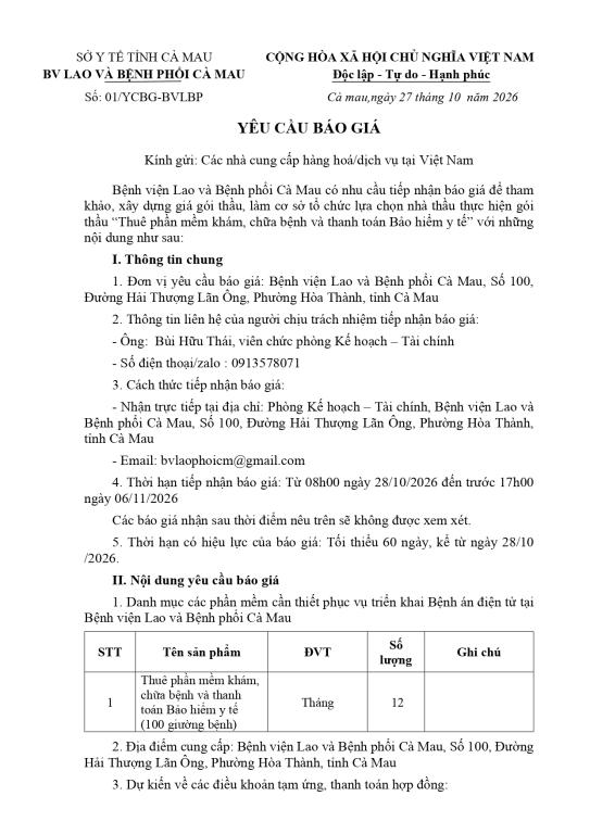 Yêu cầu báo giá – Thuê phần mềm khám, chữa bệnh và thanh toán Bảo hiểm y tế